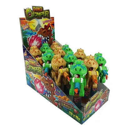 Display Komplett Dino Chomper - Dinosaurier mit Lutscher - 12 Stück (wiederbefüllbar)