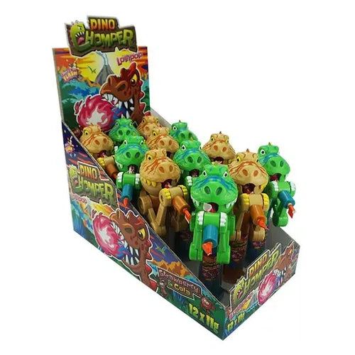 Display Komplett Dino Chomper - Dinosaurier mit Lutscher - 12 Stück (wiederbefüllbar)
